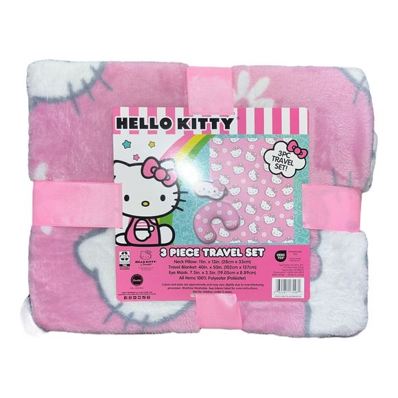Hello Kitty Pink 3 Piece Snuggle Travel Set Mask Pillow Throw Soft & Cozy - Picture 2 of 2